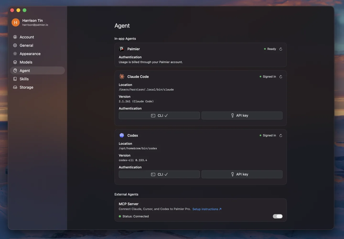 Palmier Pro Agent settings with Palmier, Claude Code, Codex, and the MCP server