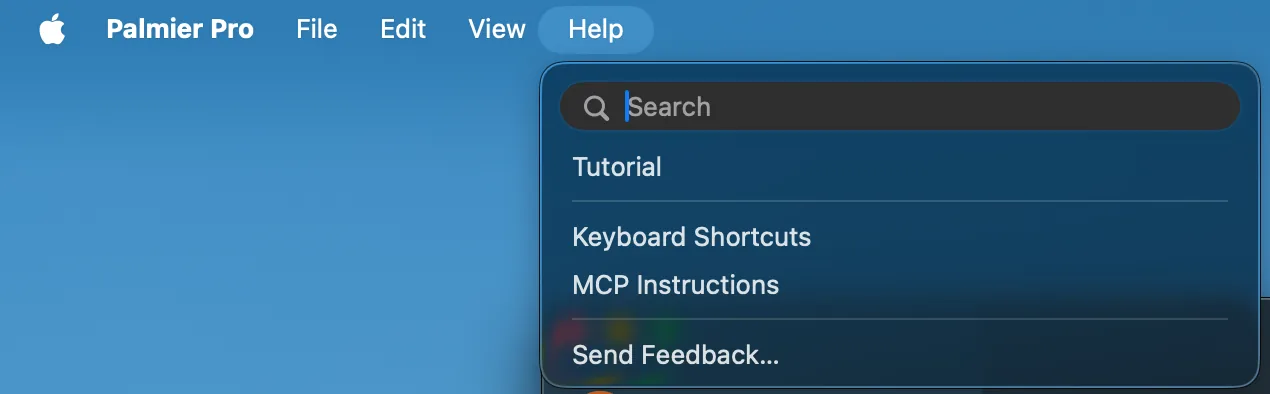 Palmier Pro Help menu with MCP Instructions