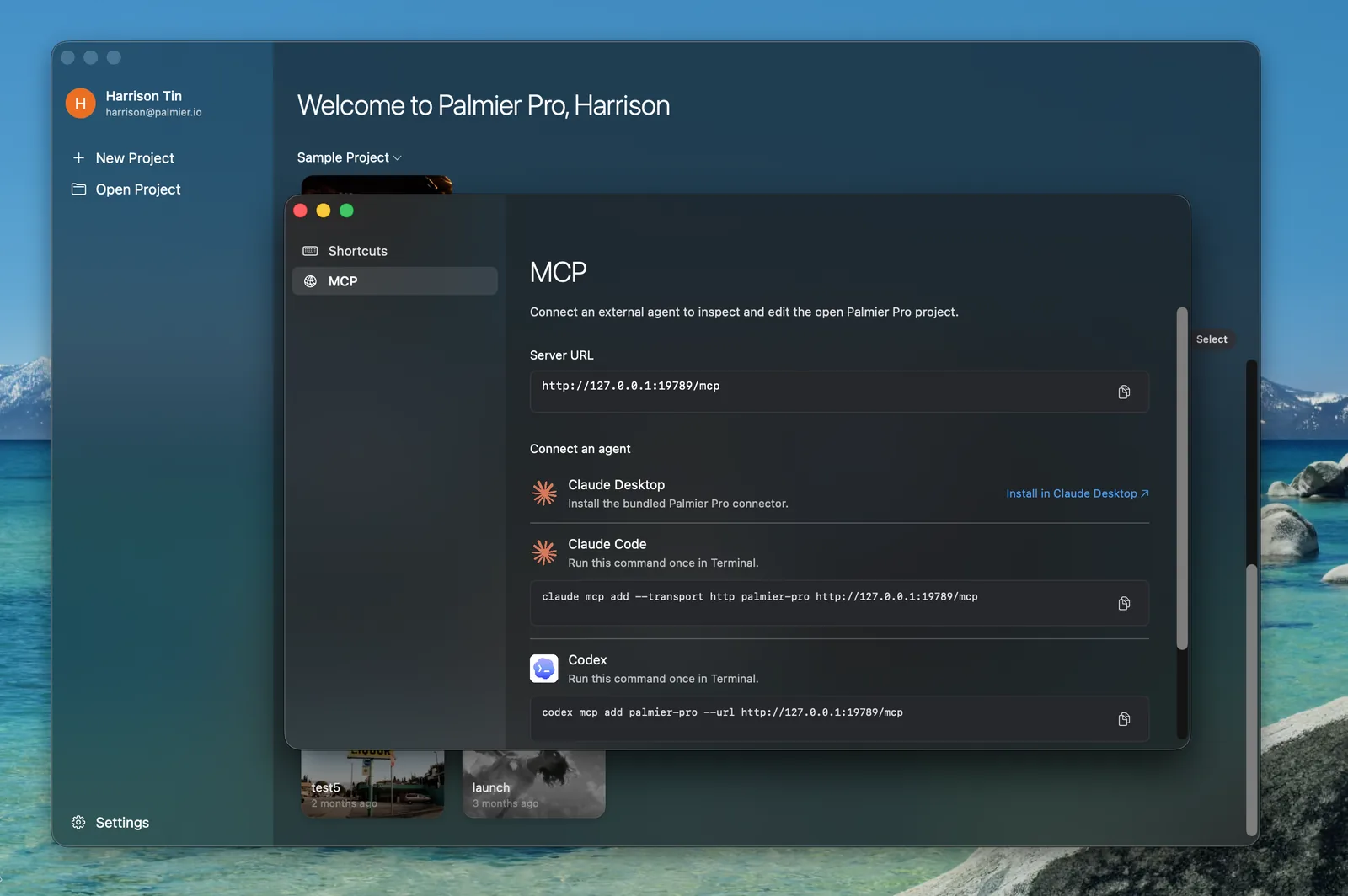 Palmier Pro MCP settings with the Claude Desktop connector