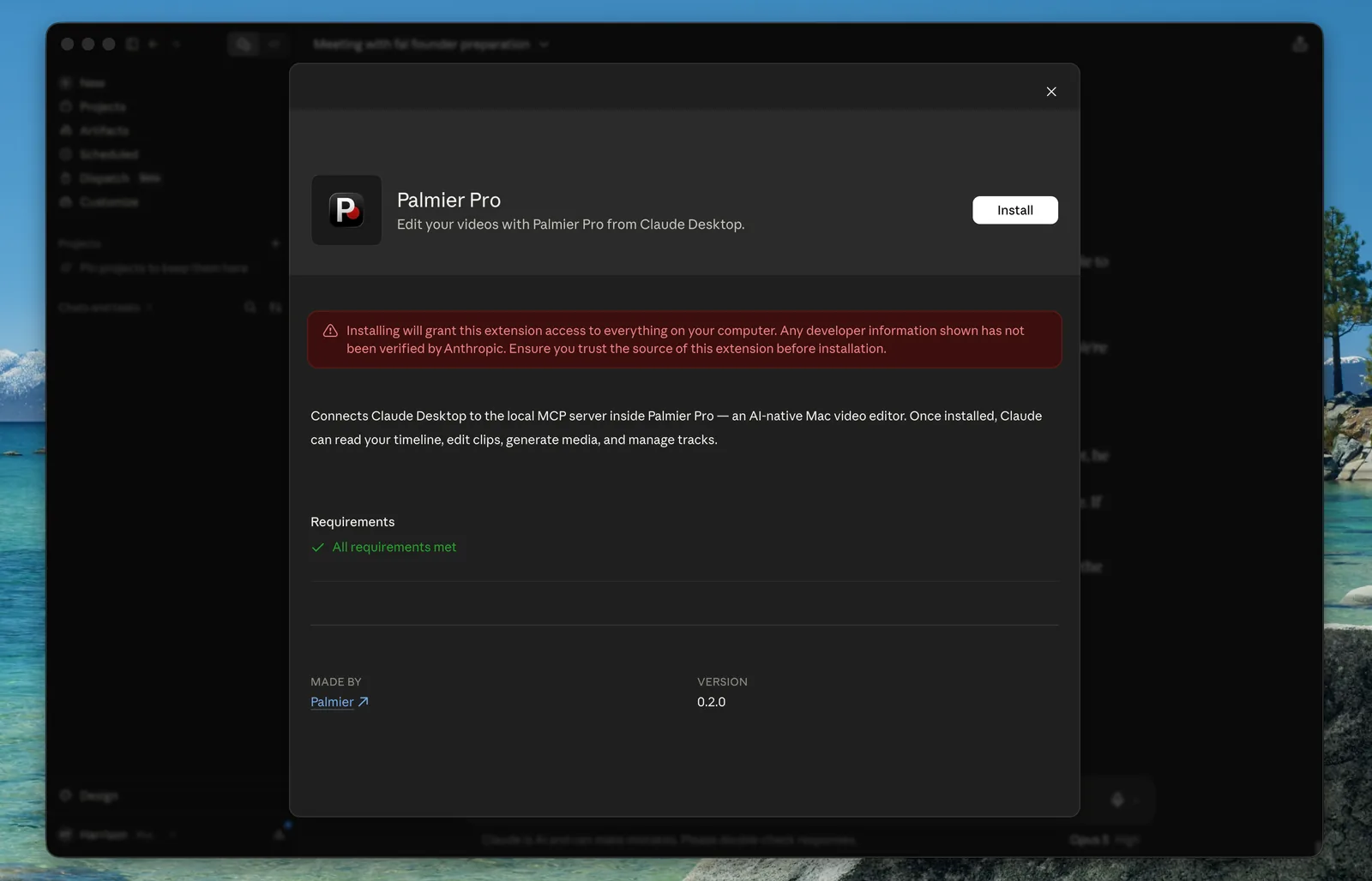 Claude Desktop confirmation screen for installing the Palmier Pro connector