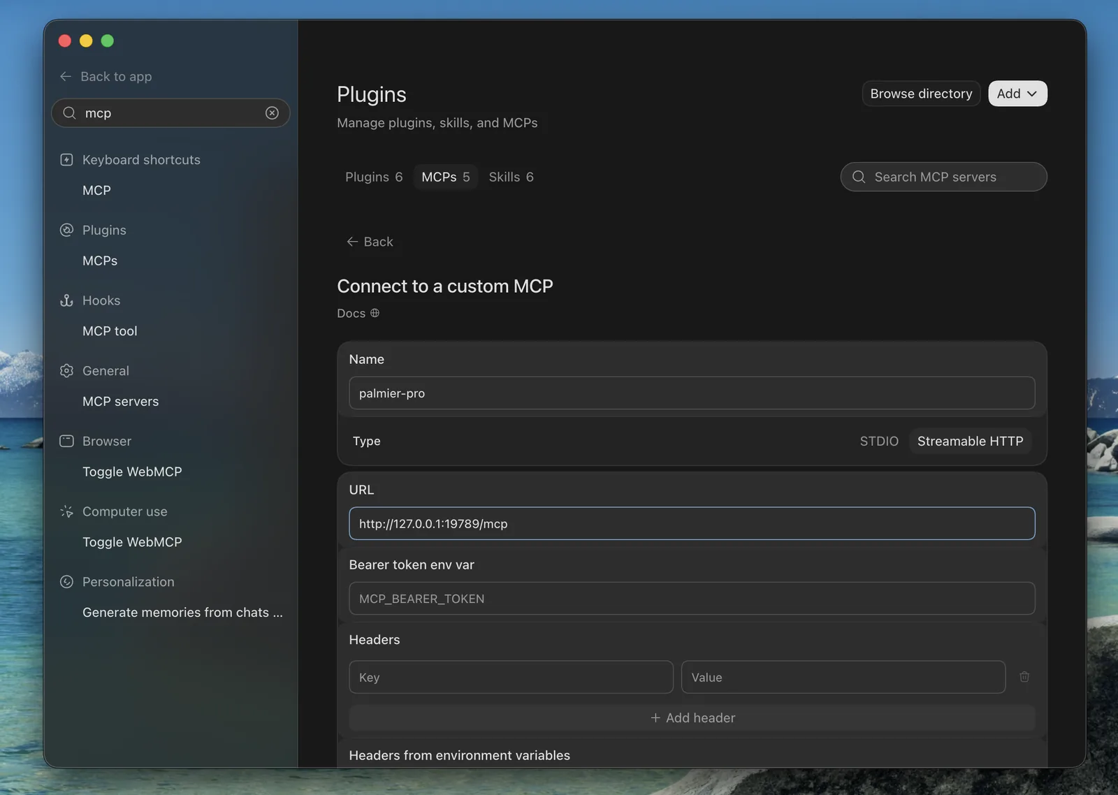 Codex app settings for adding Palmier Pro as a Streamable HTTP MCP server