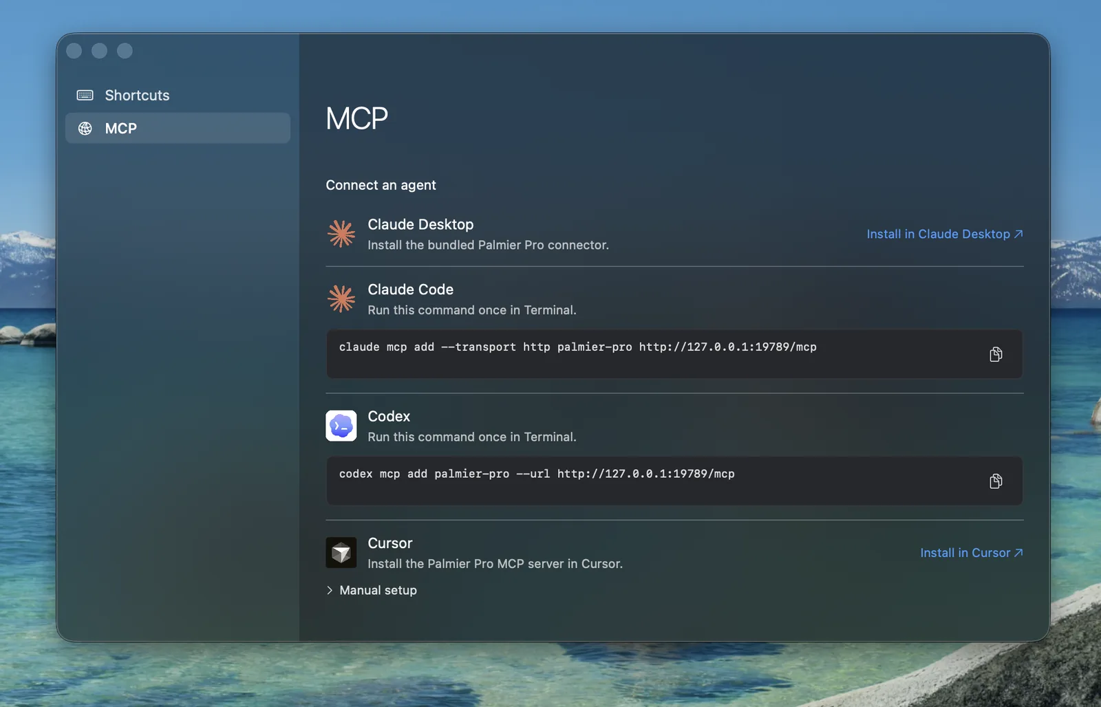 Palmier Pro MCP settings with the Cursor installer