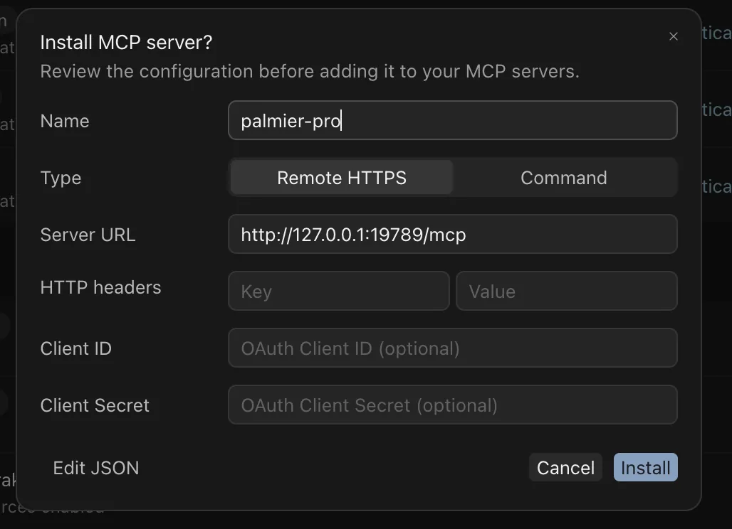 Cursor confirmation screen for installing the Palmier Pro MCP server
