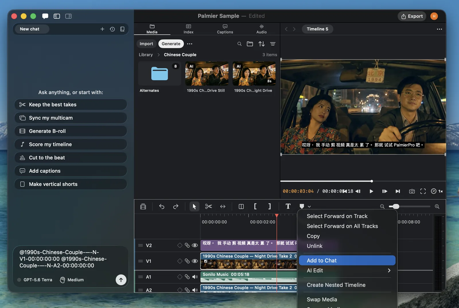 Palmier Pro timeline context menu with Add to Chat selected