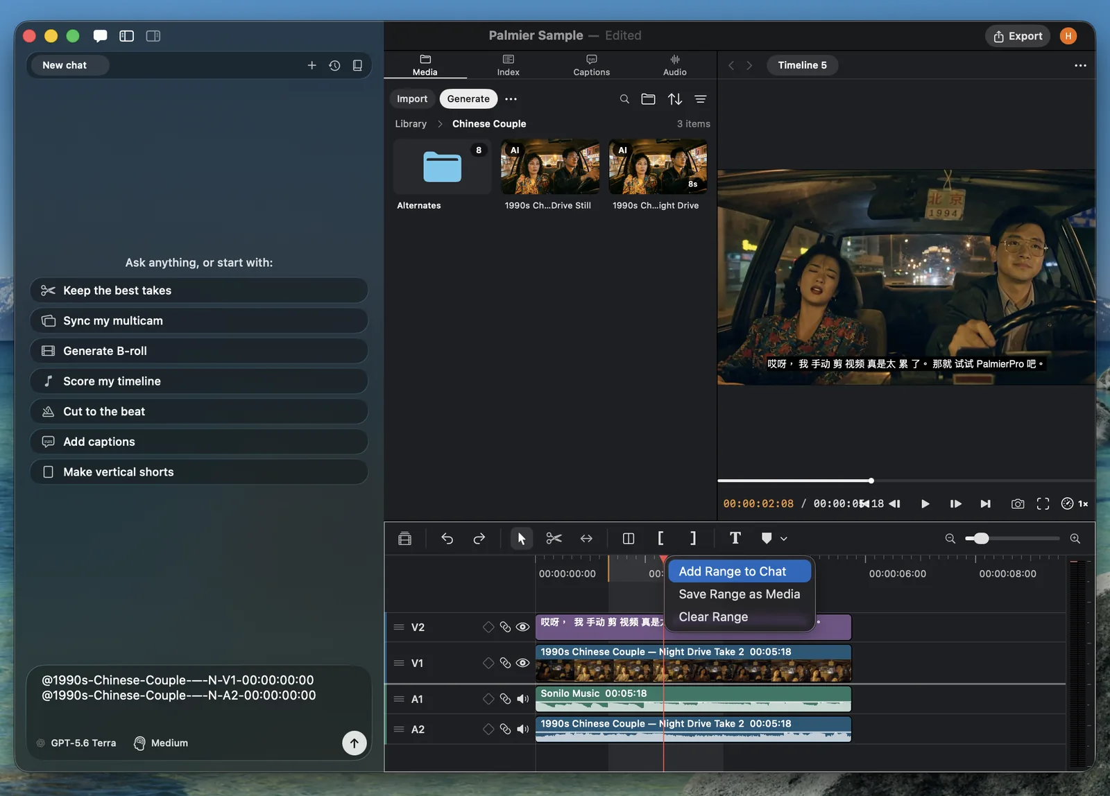Palmier Pro timeline range menu with Add Range to Chat selected