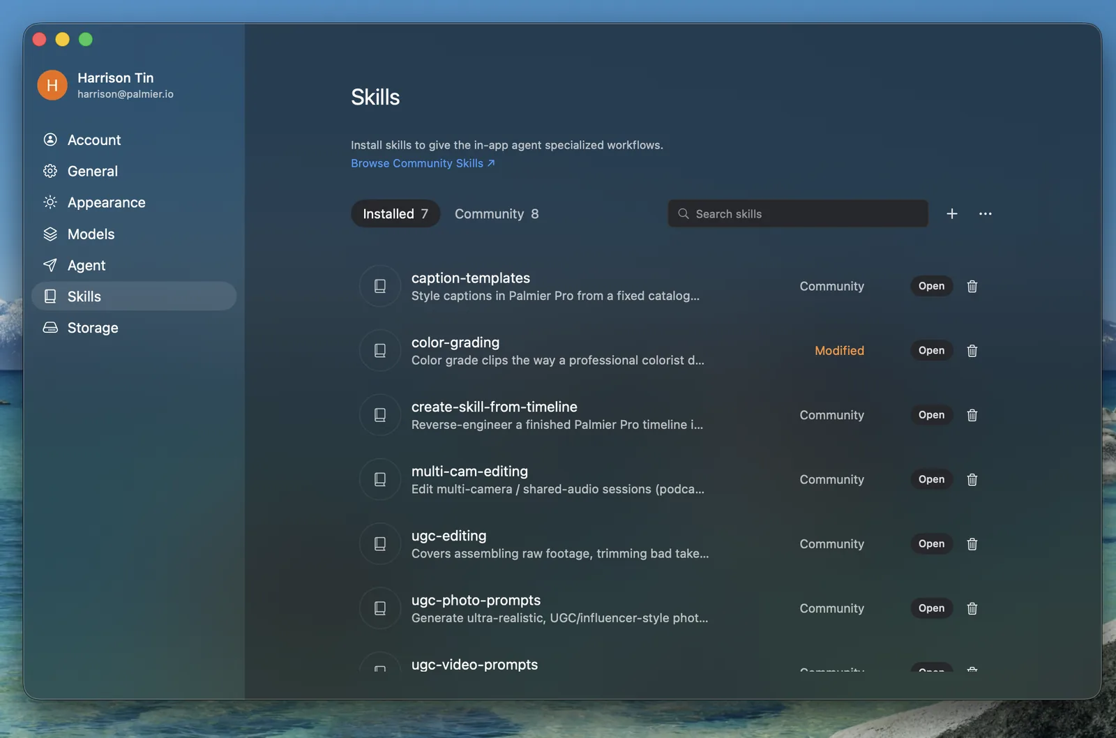 Palmier Pro Skills settings with installed and community skills