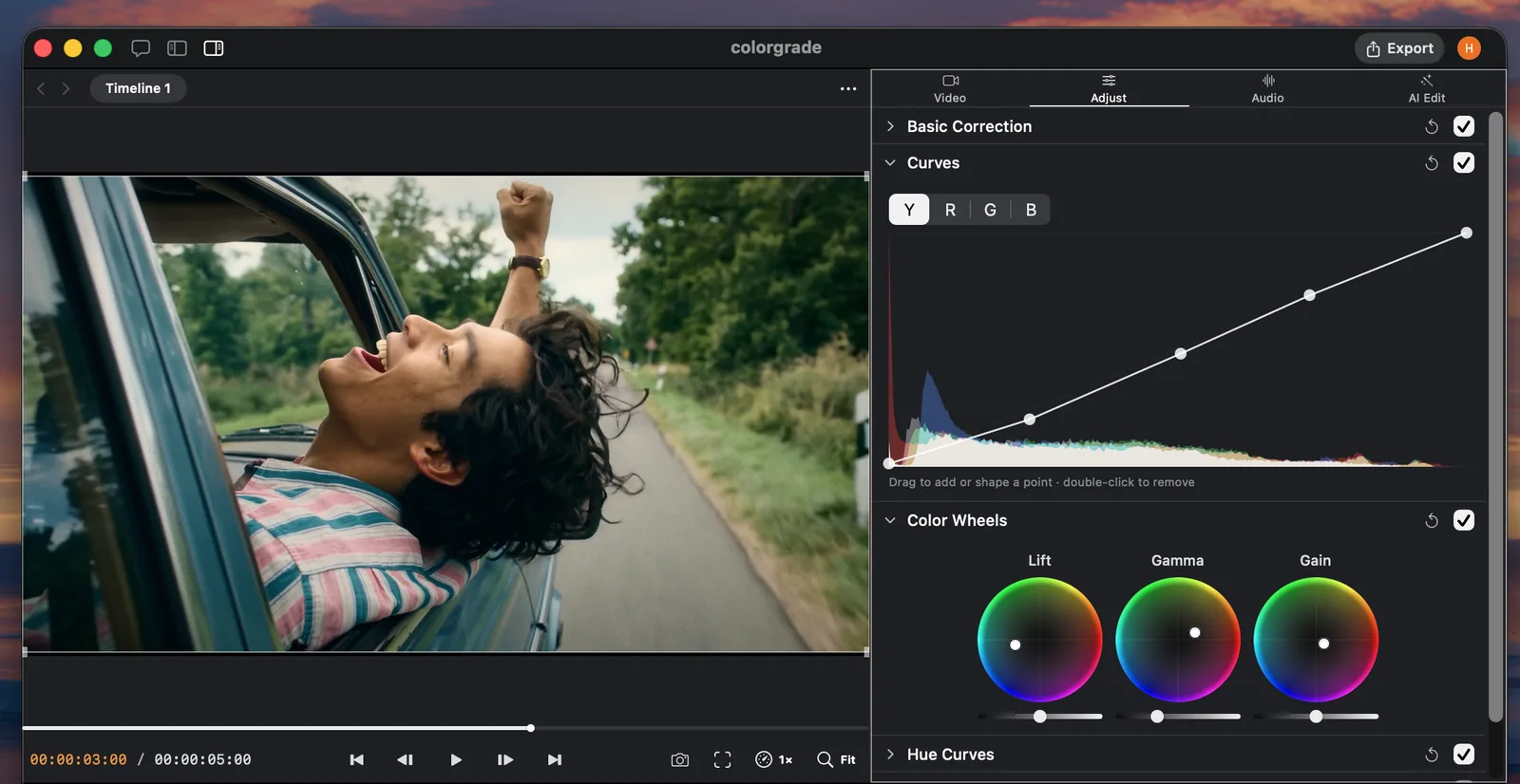 Palmier Pro color curves and color wheels