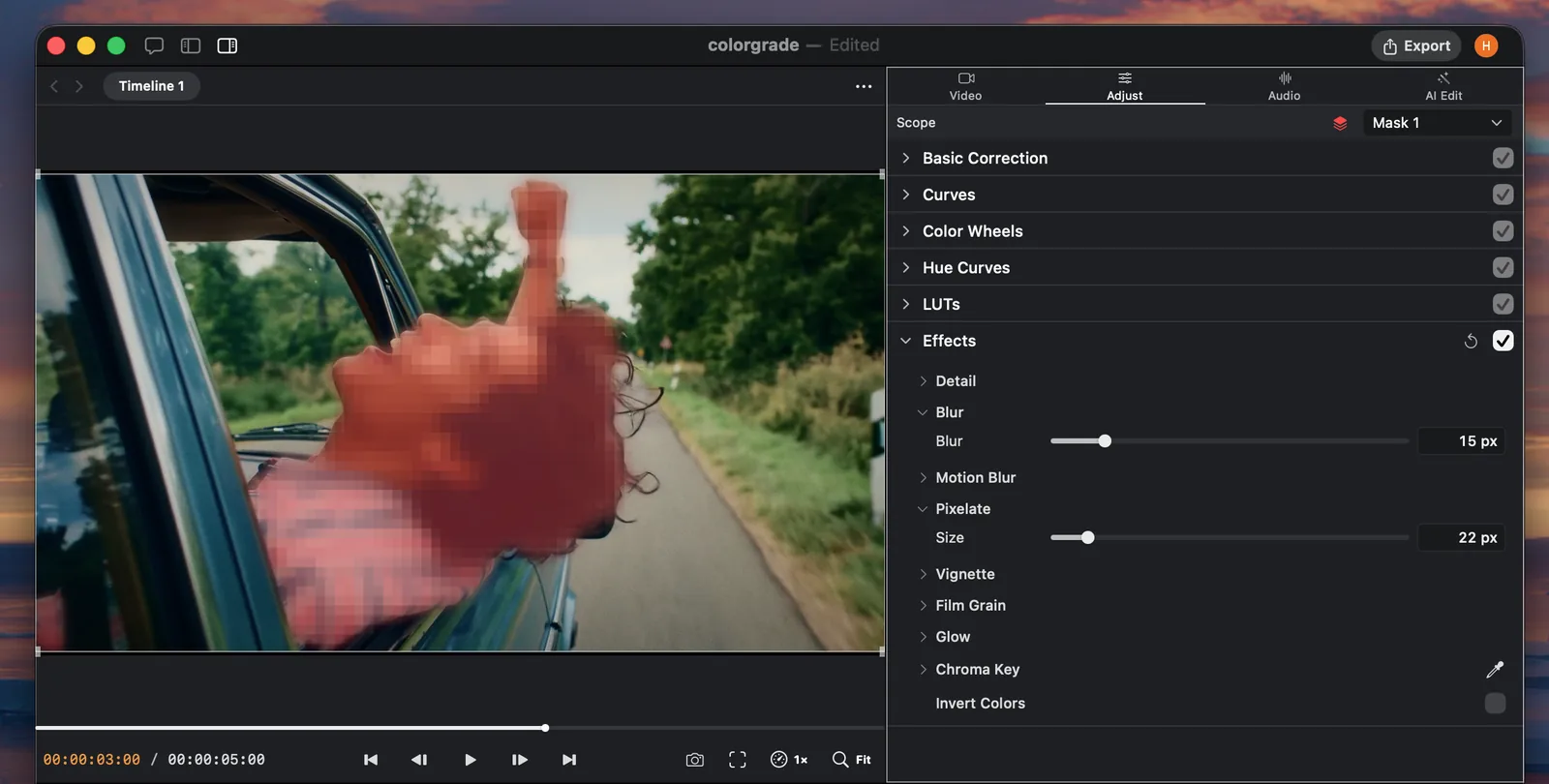 Palmier Pro blur and pixelate effects applied inside a mask