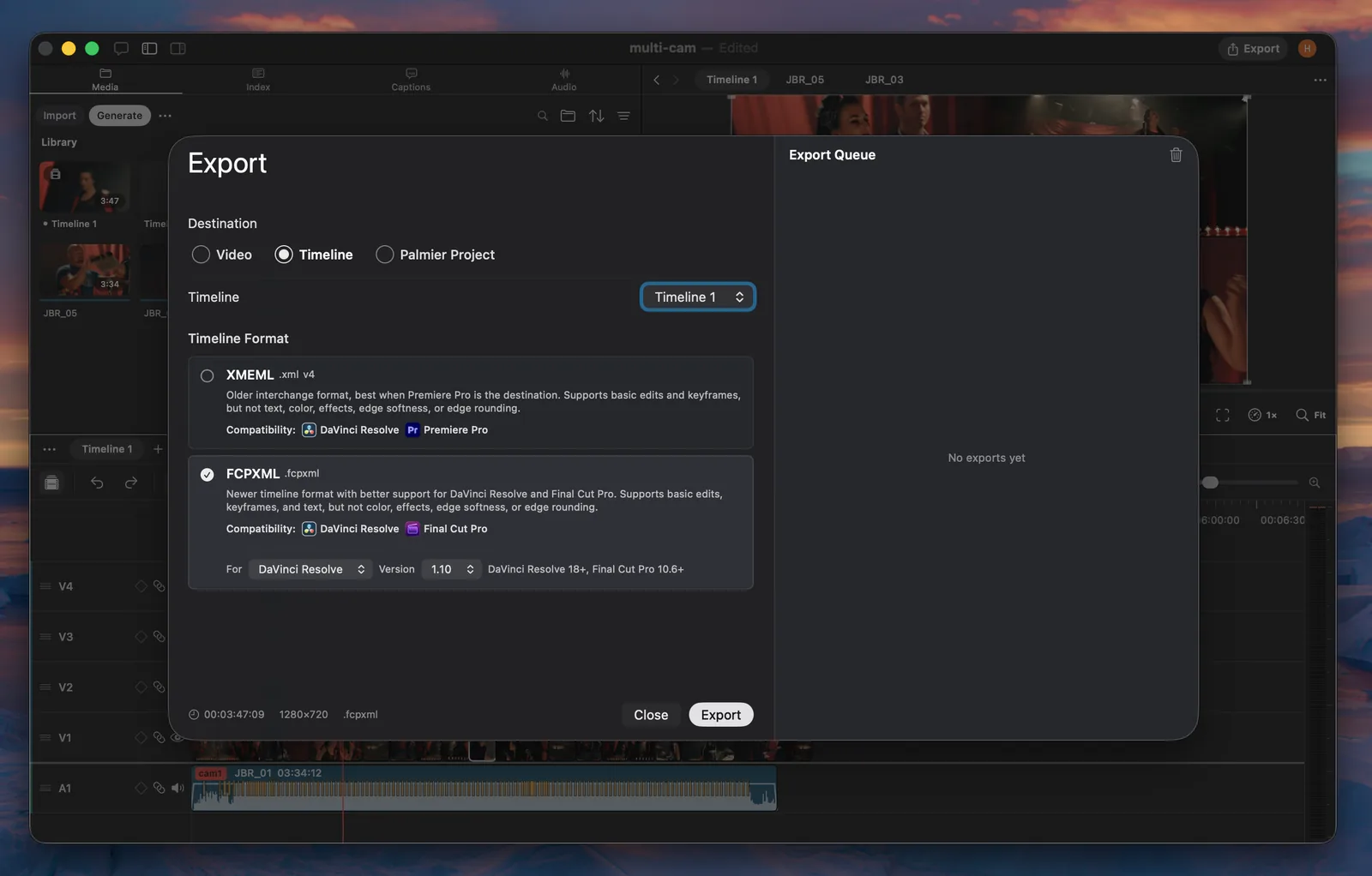 Palmier Pro timeline interchange export settings