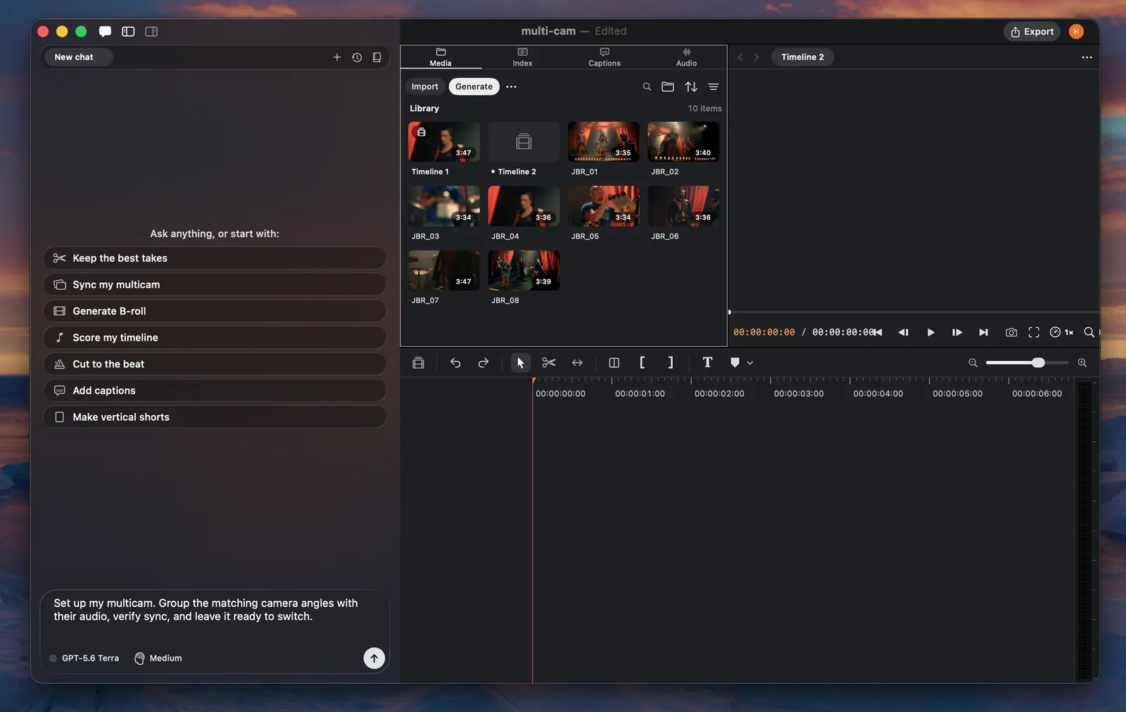 Palmier Pro Agent prompt requesting a multicam setup and rough cut