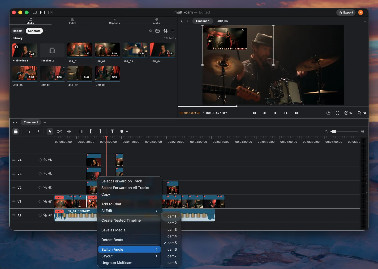 Palmier Pro multicam context menu with camera angle choices