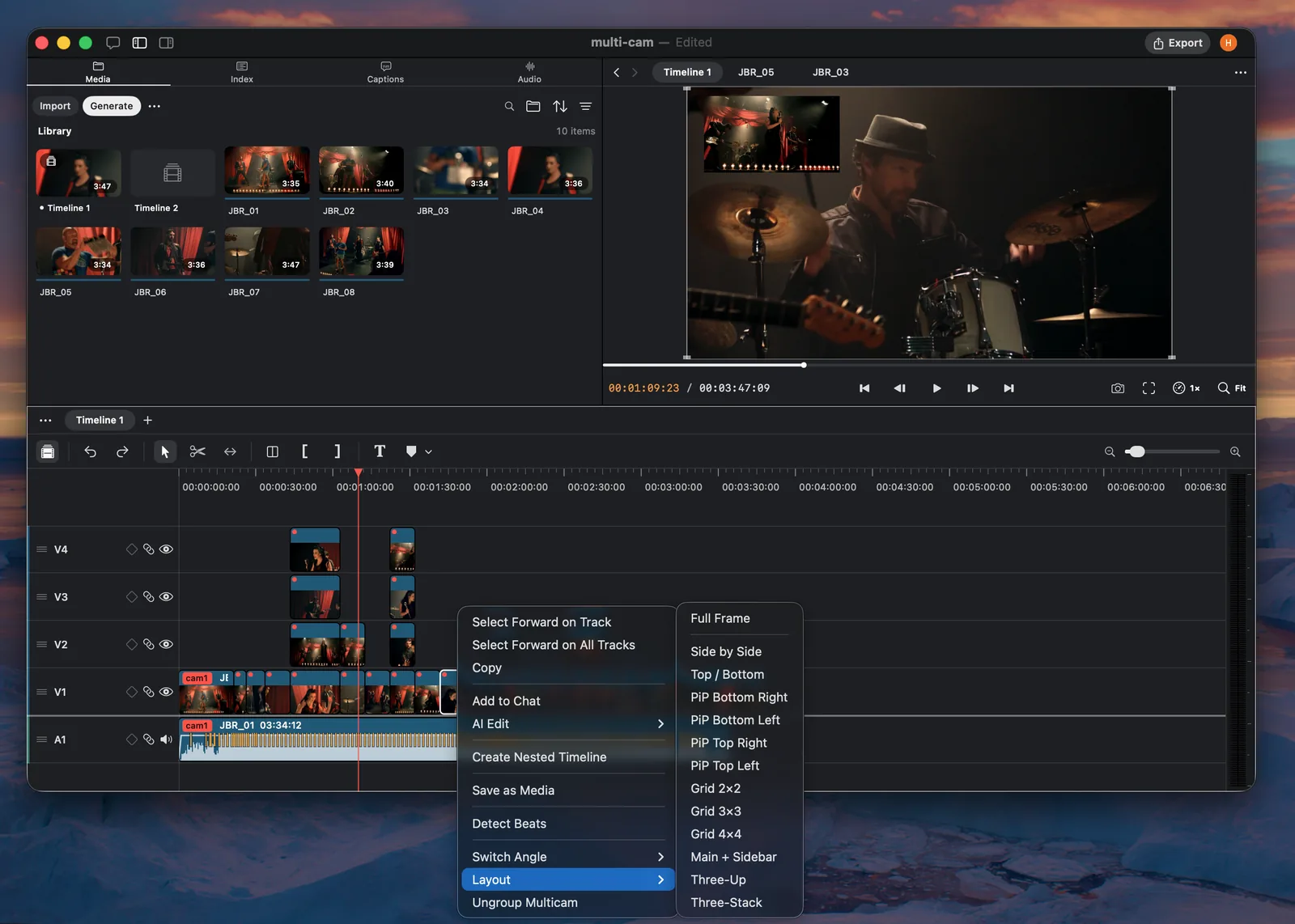 Palmier Pro multicam context menu with multi-angle layout choices
