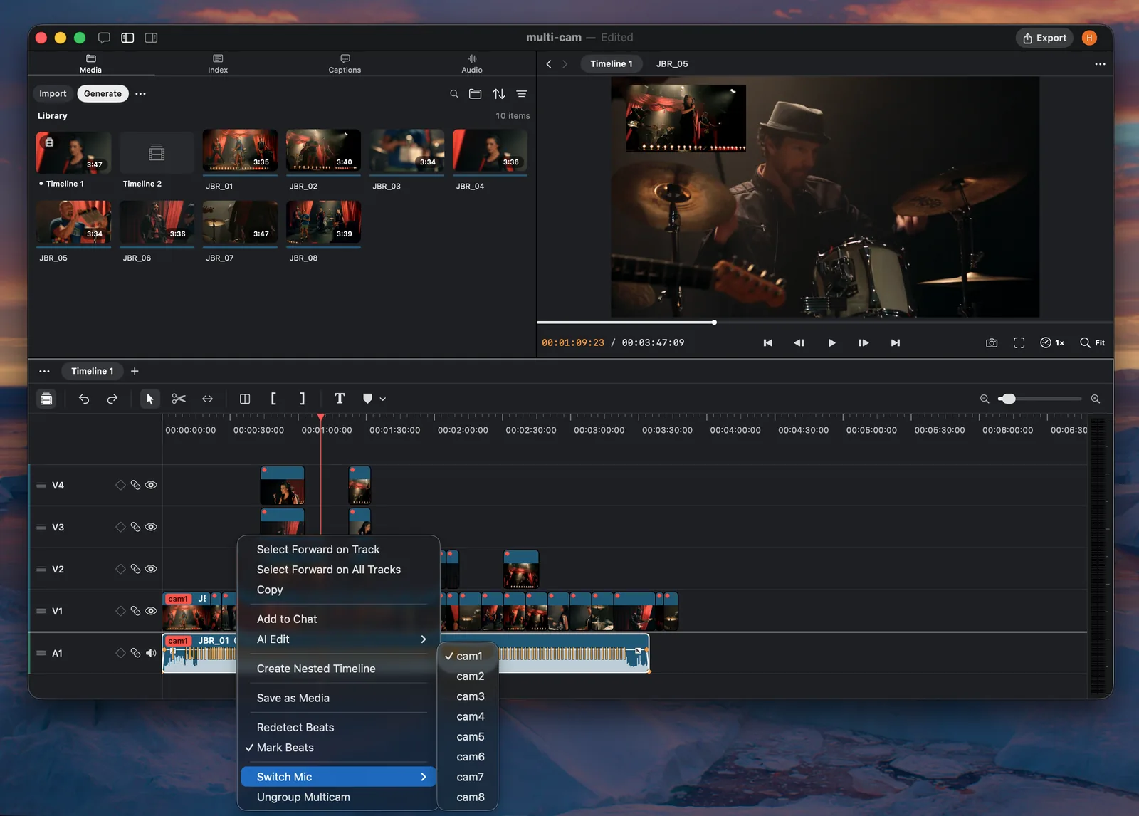 Palmier Pro multicam context menu with microphone choices