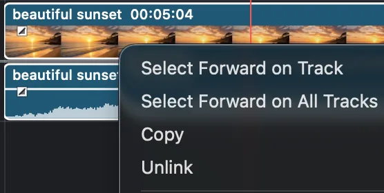 Timeline context menu with Unlink selected